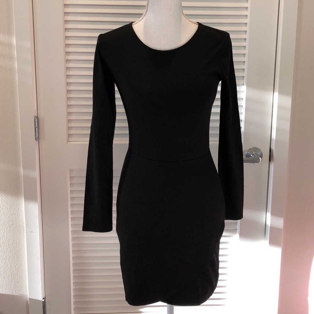 Black front wrap midi long sleeve dress